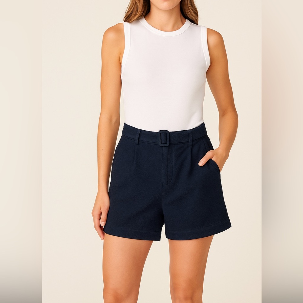 A New Day Women’s Navy Textured Cotton Shorts Belted High Waist Size Large